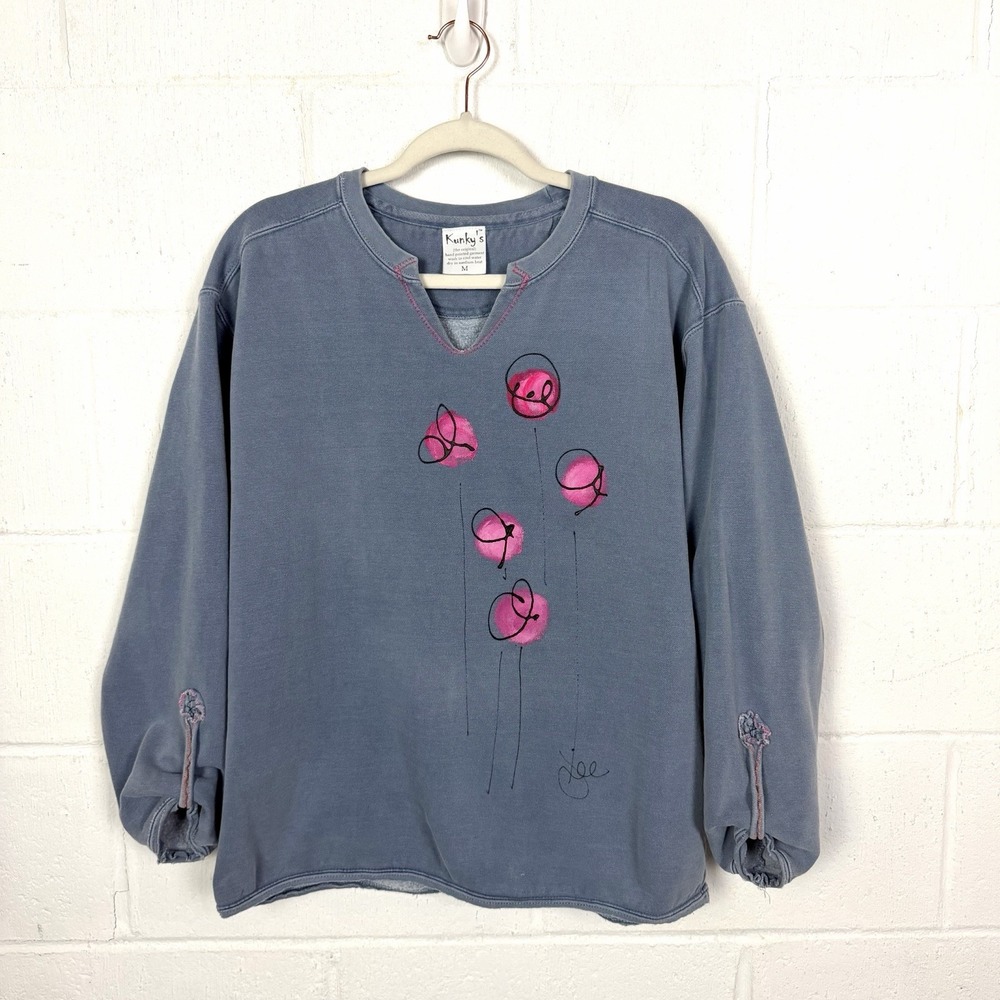 Kunky's Handpainted Terry Sweatshirt SZ M Blue Pink Floral Art To Wear Eclectic